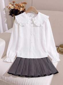 SHEIN 青少年女孩早秋彼得潘領紋理瑞士波點布料長袖襯衫，適合日常通勤與返校穿著 - 白色 - 查看 3