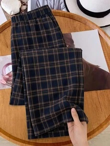 Freevana 女款大尺碼直筒格紋抽繩寬鬆長褲 休閒日常穿著 秋冬款 - 棕色 - 查看 1