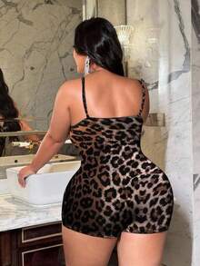 SHEIN CURVE+ Plus Size Sexy Lace Leopard Print Camisole Jumpsuit For Summer Party Black - Brown - View 2