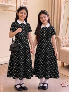 SHEIN 少女休閒復古通勤時尚 Polo 領撞色翻領短袖長洋裝 返校季童裝 - 黑與白 - 查看 6