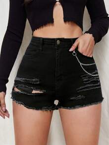 SHEIN Celana Pendek Denim Hitam Sobek Bergaya Outdoor Wanita dengan Hiasan Rantai Logam - Hitam - View 3