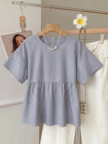 SHEIN EZwear 條紋短袖大尺碼女款襯衫 - 藏蓝色 - 查看 10