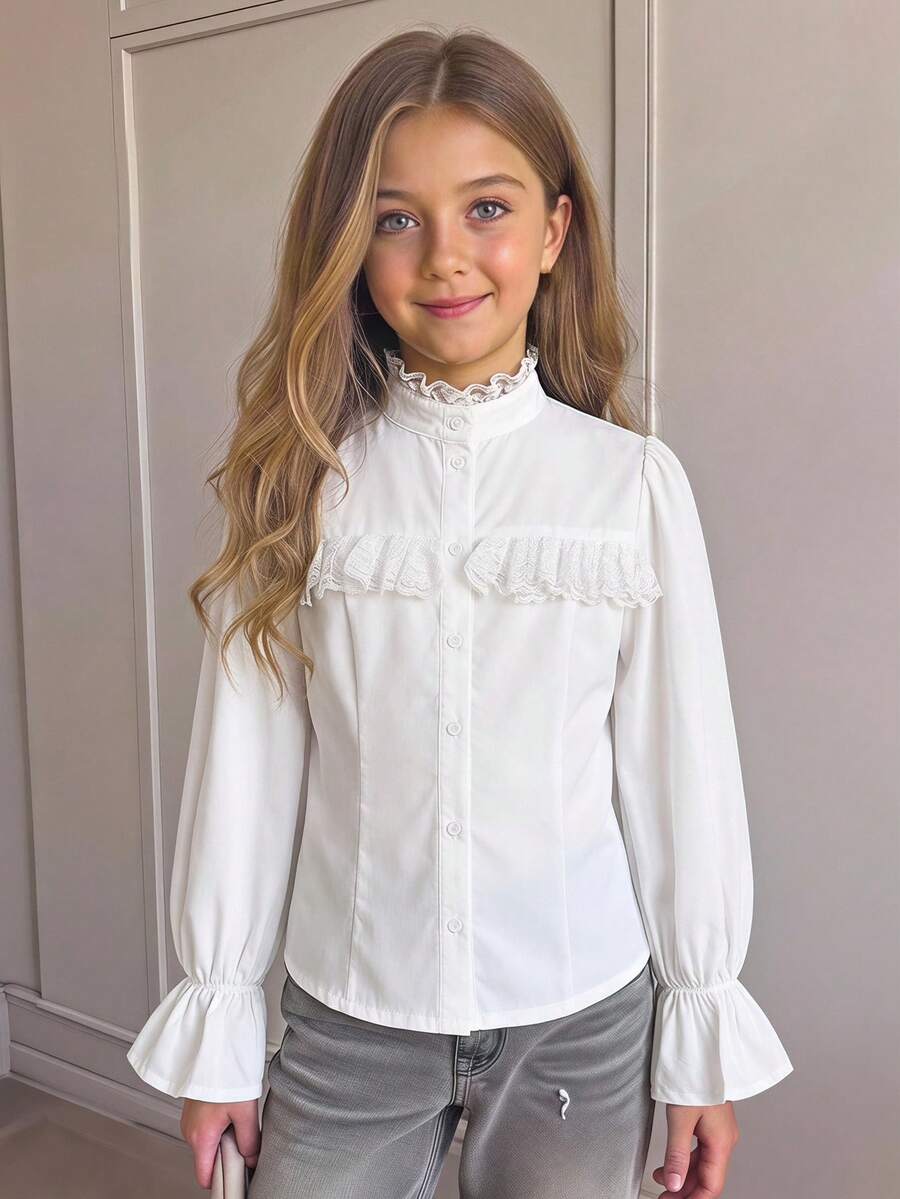 Tween Girl Tween Girls Elegant Ruffle Stand Collar Lantern Sleeve Ruffle Trim Long Sleeve White Blouse, Back To School Preppy Style White Shirt - White - View 1
