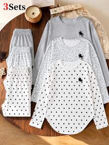 SHEIN Sparklyn 青少年女孩 3件組長袖套裝 可愛馬刺繡圓領上衣與長褲 灰色素色波點豹紋休閒套裝 秋季 - 彩色 - 查看 1