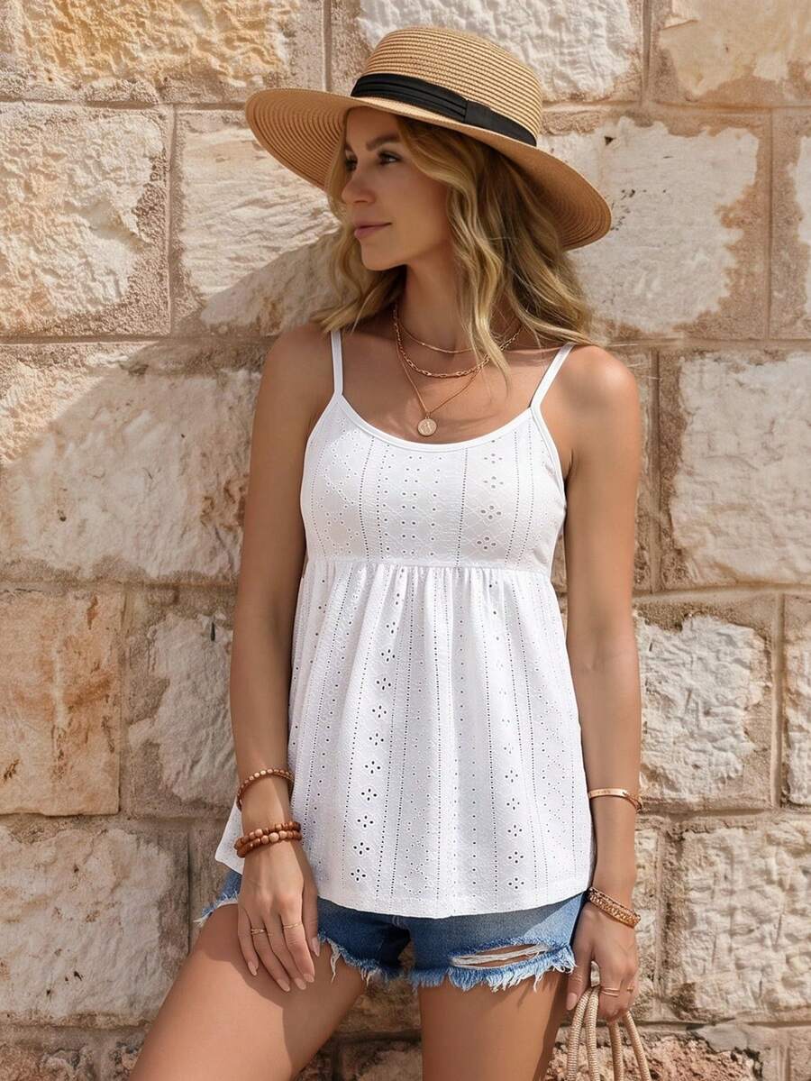 SHEIN LUNE 網眼刺繡荷葉擺吊帶上衣 - 白色 - 查看 1