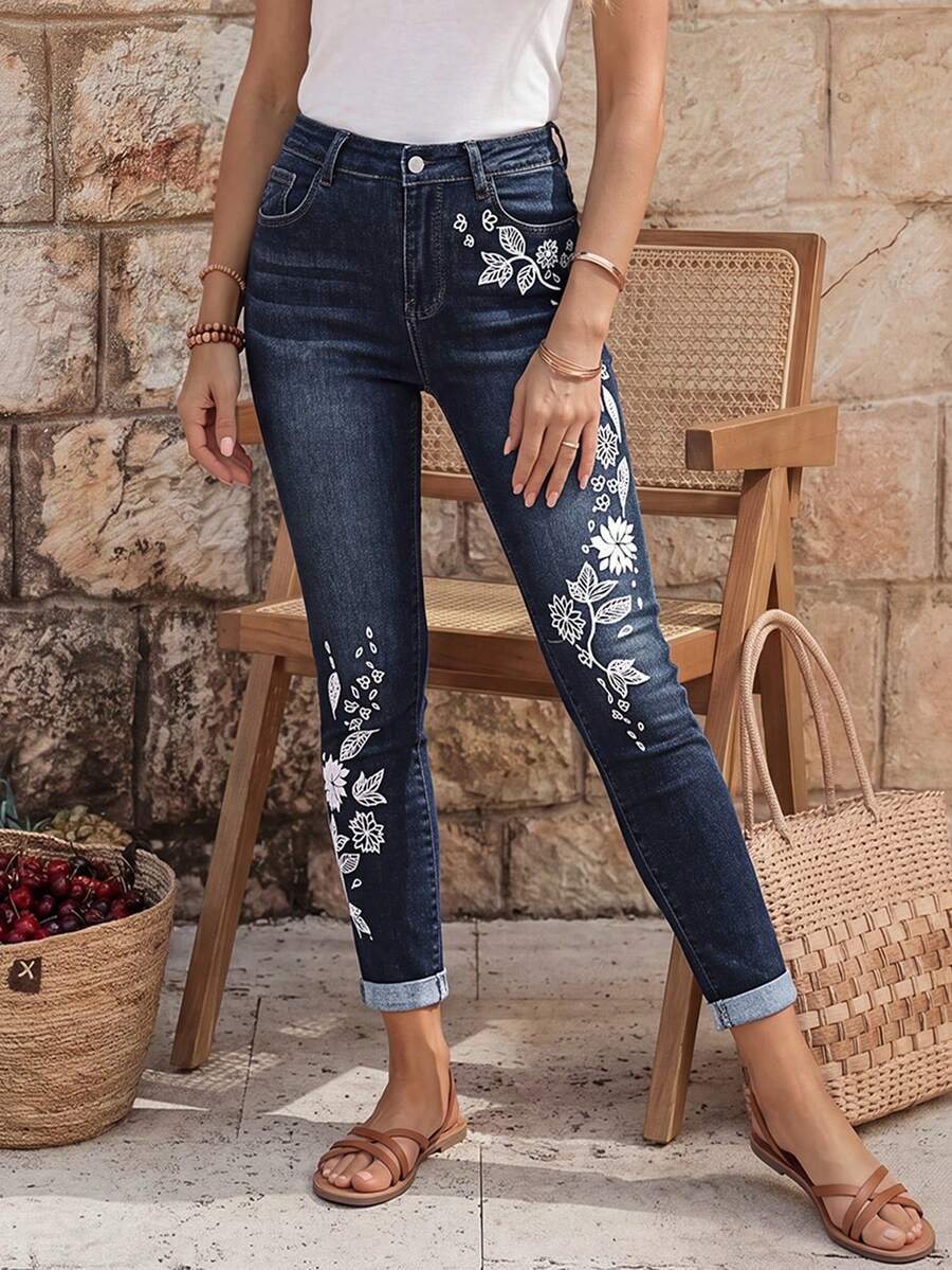 Breezaya Celana Jeans Skinny Wanita Kasual Sehari-hari dengan Motif Bunga Bordir - Dark Wash - View 1