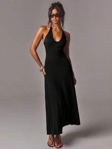 Athîral Women's Casual V-Neck Long Dress - Black - View 3