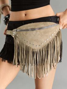 Viva Strut Women's Retro Tassel Rivets Waist Bag/Chest Bag, Fashionable Simple Versatile  Street  Sweet And Cool Girls Y2K,  Daily Shopping, Music Festivals - Khaki - View 1