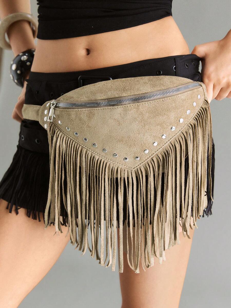 Viva Strut Women's Retro Tassel Rivets Waist Bag/Chest Bag, Fashionable Simple Versatile Street Sweet And Cool Girls Y2K, Daily Shopping, Music Festivals - Khaki - View 1