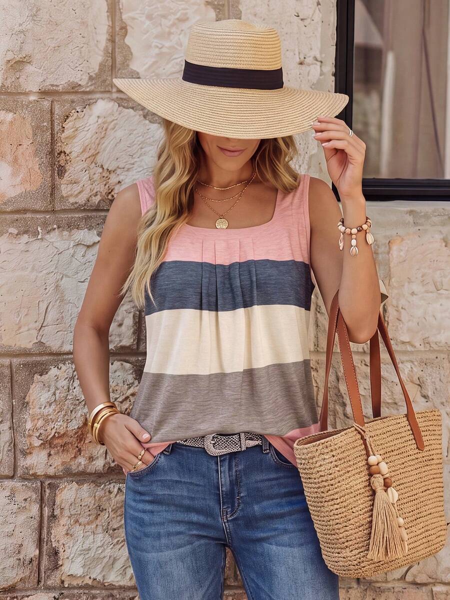 EMERY ROSE Women Color Block Splice Sleeveless Tank Top Graphic Tees Women Tops - Multicolor - View 1