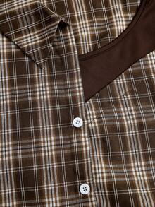 Sweetra Women's Lapel Open Front Button-Up Patchwork Waist Tie Large Plaid Casual Long Sleeve Shirt - Coffee Brown - View 7