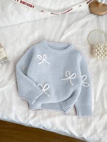 SHEIN Vintaside Kids 時尚百搭可愛蝴蝶結女童套頭圓領針織毛衣 - 淺藍色 - 查看 3