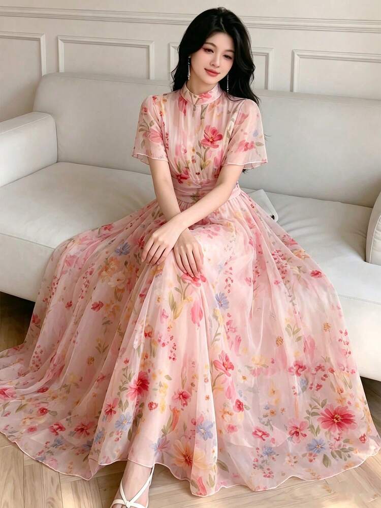 Modelyn Floral Plant Watercolor Tie Dye Print Semi-High Neck Ruffle Hem Short Sleeve French Style Elegant Long Dress, Waistline Pleated Design Slimming Fit, Light Pink Mesh Dress, Summer Daily Wear And Vacation Outfit - Multicolor - View 3