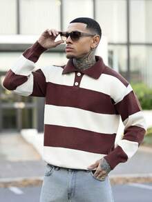 Devon Thys 秋冬韩版休闲条纹撞色Polo领轻薄修身套头针织衫 - 棕色 - 查看 1
