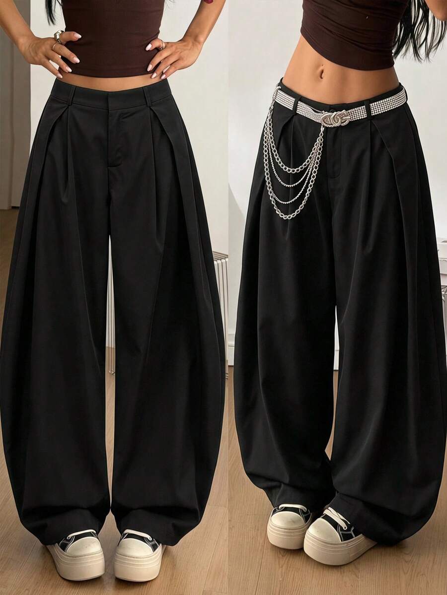 Tween Girl Fall Clothes Fall Solid Color Pleated Wide Leg Loose Casual Long Pants, Yoga, Stretchy, Leggings, Knit, Skinny - Black - View 1