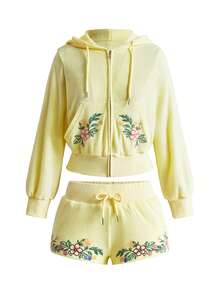 Sweetness Cute Yellow Towel Fabric Embroidered Sweatshirt Women's 2 Pieces Set - Light Yellow - View 1