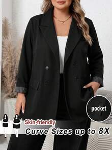 SHEIN CURVE+ 女款大尺碼時尚黑色雙排扣西裝外套 - 黑色 - 查看 7