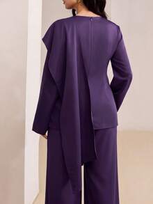 Veilorie Plus Size Metal Button Asymmetrical Hem Long Sleeve Shirt And Solid Color Long Pants 2 Pieces Set - Purple - View 2