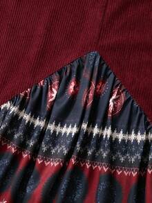 Rusticease Plus Size Fashion Versatile Print Round Neck Long Sleeve Shirt For Vacation Fall - Burgundy - View 5