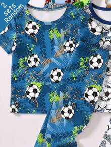 SHEIN 【6件套，随机发货2件/套】男童睡衣，春夏新品，时尚热销，酷炫图案印花，包括积木、恐龙、足球、游戏机等，紧身针织面料短袖上衣和长裤睡衣套装，街头风 - 彩色 - 查看 3