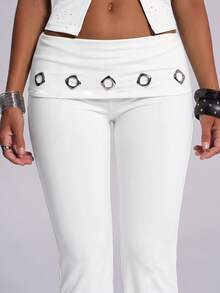 TypaGal White Women's Waist Fold Eyelet Design Flare Pants Going Out Night Autumn Sexy - White - View 5