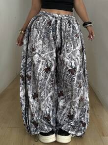 POPSWAY Celana Ukuran Besar Motif Garis-Garis Blok Warna dengan Hem Melengkung dan Pinggang Elastis - MultiWarna - View 5