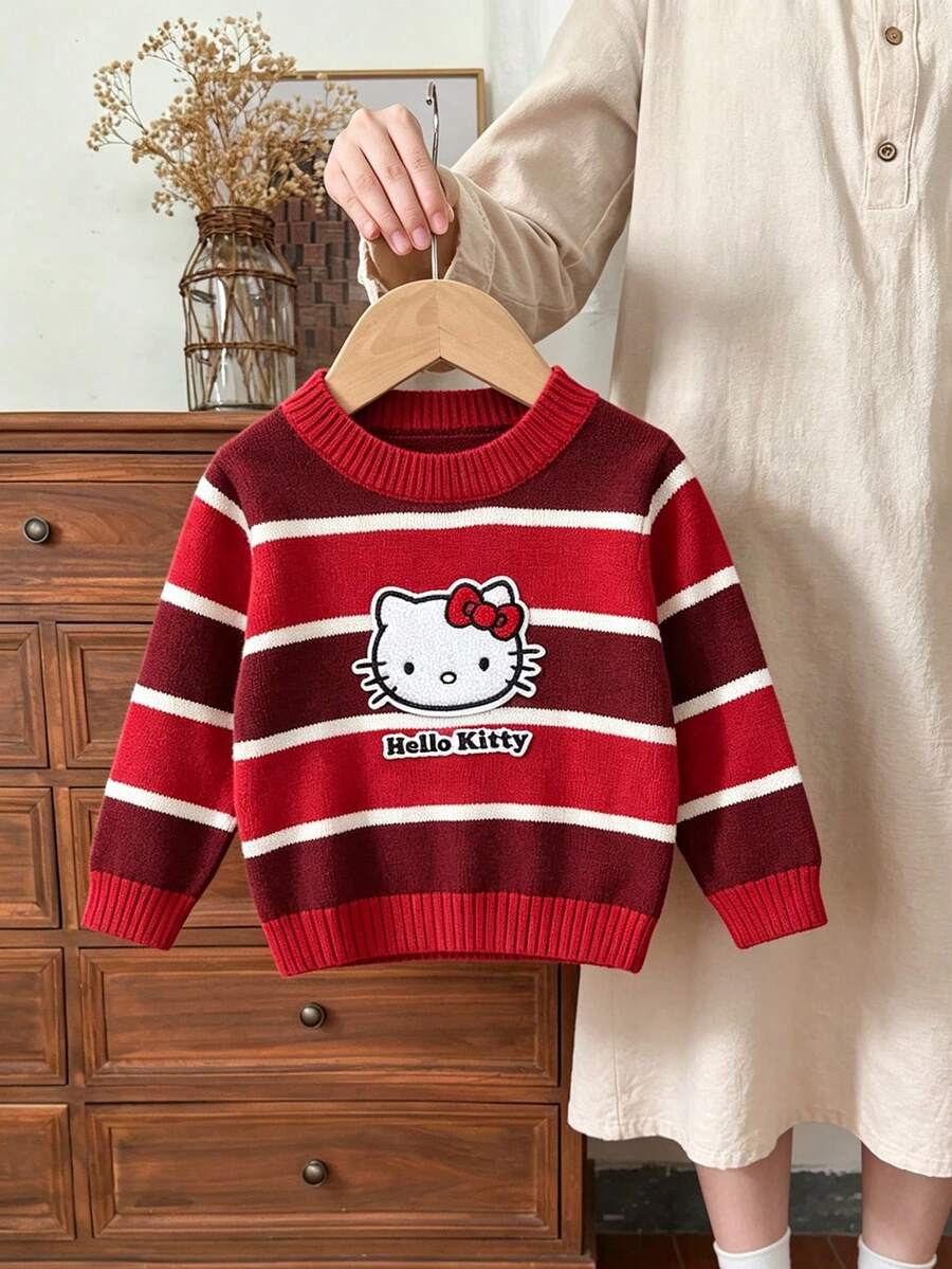 HELLO KITTY AND FRIENDS | SHEIN 女嬰針織開襟衫 3D毛巾刺繡圓領條紋套頭毛衣上衣,簡約可愛優雅長袖紅色上衣,適合外出、派對,秋冬穿著 - 彩色 - 查看 1