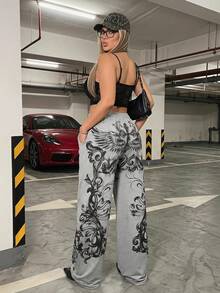 SHEIN ICON بنطال رياضي واسع الساق رمادي بنمط أجنحة الكرمة للنساء بمقاسات كبيرة، بأسلوب ريترو مثير وعصري من جيل الألفية Y2K، بسيط وفردي بطراز الشارع، للخريف - رمادي - مشاهدة 5
