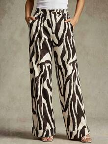 Franclia Women's High-Waisted Animal Print Wide-Leg Trousers,White Autumn Elegant Loose Straight Leg Double Pockets Casual Retro Style Date Comfortable Pants - Multicolor - View 1