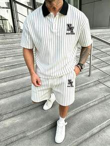 Manfinity Roghcode Men's Striped Letter Print Polo Shirt & Shorts Set - Multicolor - View 3