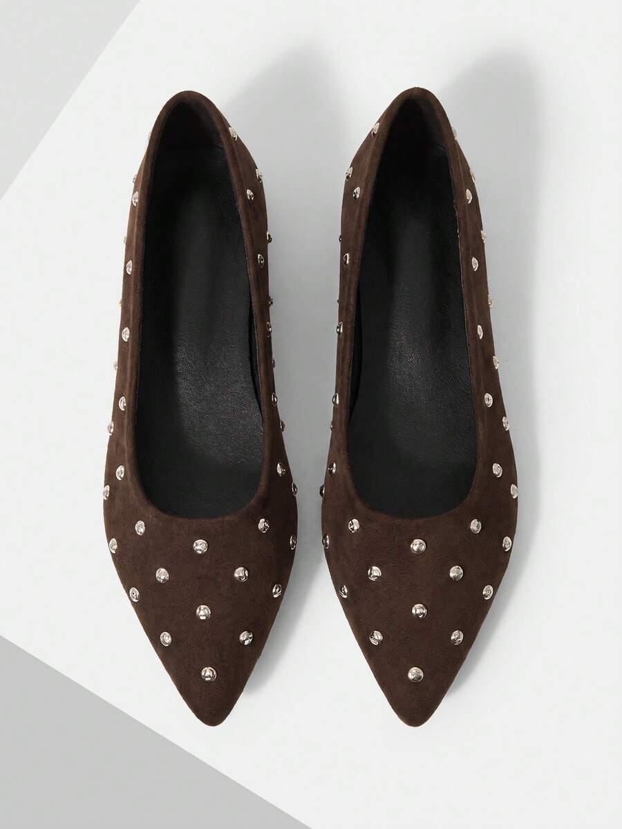 Mnmlis Suede Rivet Soft Bottom Versatile Commuter Pointed Flat Shoes - Coffee Brown - View 1