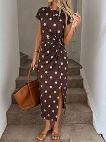 SHEIN LUNE Plus Size Polka Dot Print Twist Front Split Dress - Multicolor - View 4