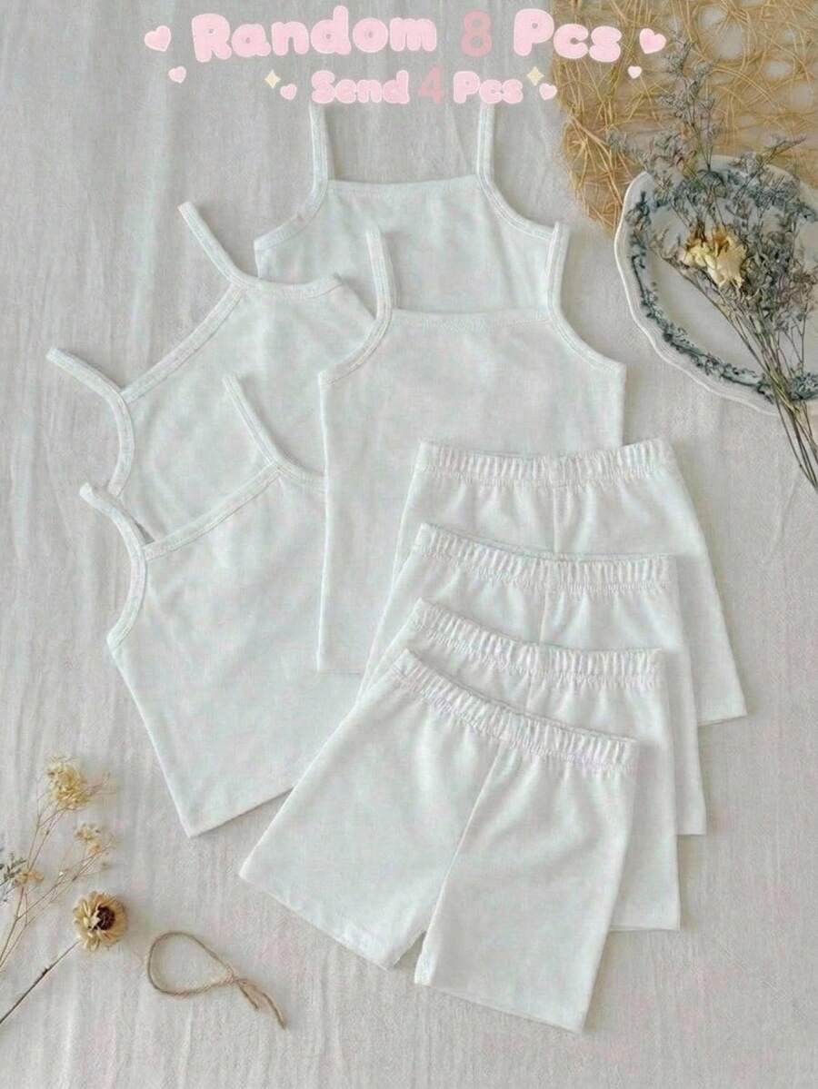 SHEIN 少女純色細肩帶背心與短褲內衣套裝 - 白色 - 查看 1