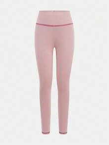 SHEIN 青少年女孩灰粉色秋季運動套裝，拼色滾邊拉鍊立領長袖外套與高腰緊身褲 2 件套 - 粉色 - 查看 10