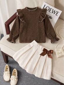 SHEIN Elladie kids Young Girl Embroidered Bell Sleeve Ruffle Trim T-Shirt And Bow Decor Pleated Mini Skirt Set - Brown - View 4