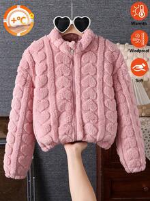 SHEIN 青少年女孩粉色愛心毛絨外套，可愛時尚舒適百搭，適合秋冬穿著 - 藕粉色 - 查看 6
