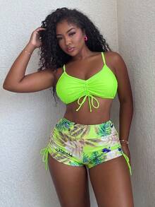 Alexandranx Bañador bikini con estampado tropical con cordón - Verde Lima - Ver 1