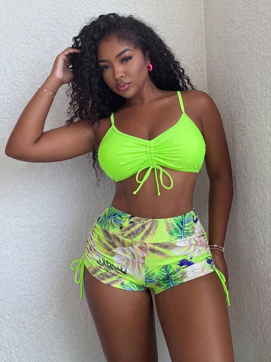 Alexandranx Bañador bikini con estampado tropical con cordón - Verde Lima - Ver 1