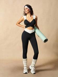 VARSIVA Women's Colorblock Criss-Cross Cutout Design Sports Jumpsuit - Black and White - View 10
