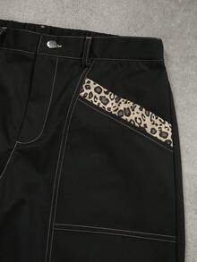 SLATEMANN Men's Premium Curved Leg Pants With Leopard Print Patchwork, Relaxed Fashionable Vintage Home & Commute Old Money Style Straight Leg Loose Casual Black Trousers - Black - View 3