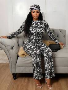 Brilight Women's Casual Sexy Printed Round Neck Long-Sleeved Top + Flared Pants Suit, Simple And Casual, Suitable Night Out Going Out Black And White Autumn - Black - View 1