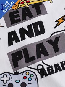 [Randomly Sent 1 Set]Tween Boys Pajamas, Spring/Summer New Fashion Hot-Selling Sports Football, Game Micro World Block Dinosaur, Game Console Controller Combination Pattern Print, Knitted Tight-Fit High Elastic Fabric Short Sleeve Long Pants Pajama 2-Piece Set - Multicolor - View 4