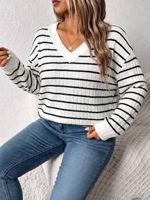 EMERY ROSE Sweatshirt Lengan Panjang Bergaris Leher V Wanita, Atasan Kasual Musim Gugur/Dingin untuk Beraktivitas di Luar Ruangan - Putih - View 7