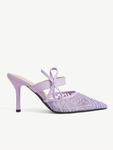CUCCOO CHICEST Ladies Elegant Bow Flower Mesh Breathable Fashion Versatile Pointed Thin Heel High Heel Shoes Spring - Purple - View 3