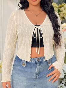 Solflare Plus Size Women's Solid Color Tie-Front Casual Versatile Daily Wear Top Fall - Apricot - View 4