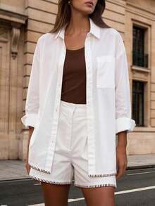 Trelyra Women's Loose Casual Shirt And Shorts 2 Pieces Set Daytime White Autumn - White - View 1