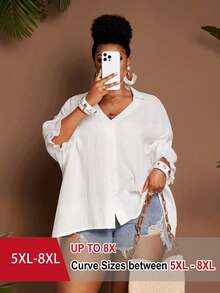 SHEIN CURVE+ Plus Size Elegant Casual Loose White Silky Blouse, Sommar Smart Women's Shirt With Lantern Sleeve Turndown Collar, Simple Vacation Business Summer - White - View 1