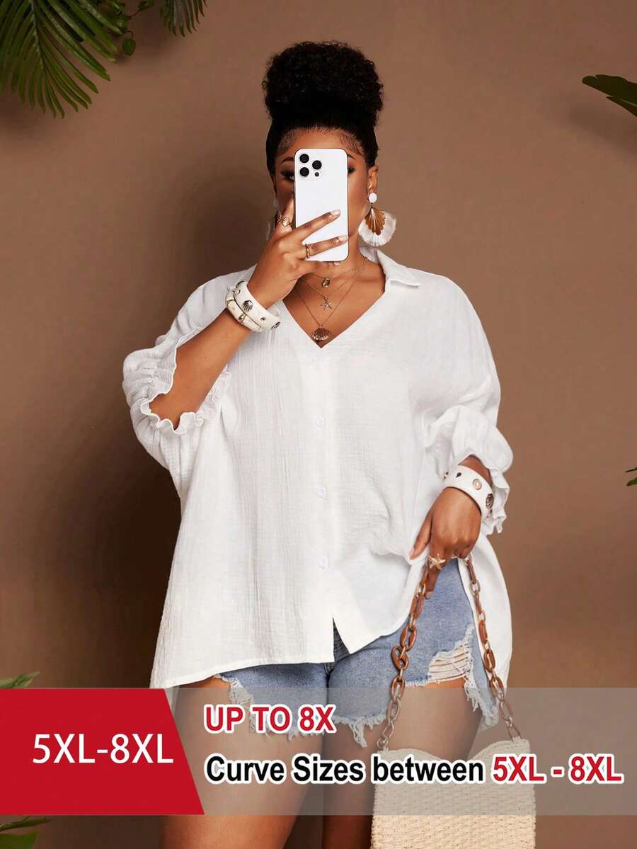 SHEIN CURVE+ Plus Size Elegant Casual Loose White Silky Blouse, Sommar Smart Women's Shirt With Lantern Sleeve Turndown Collar, Simple Vacation Business Summer - White - View 1