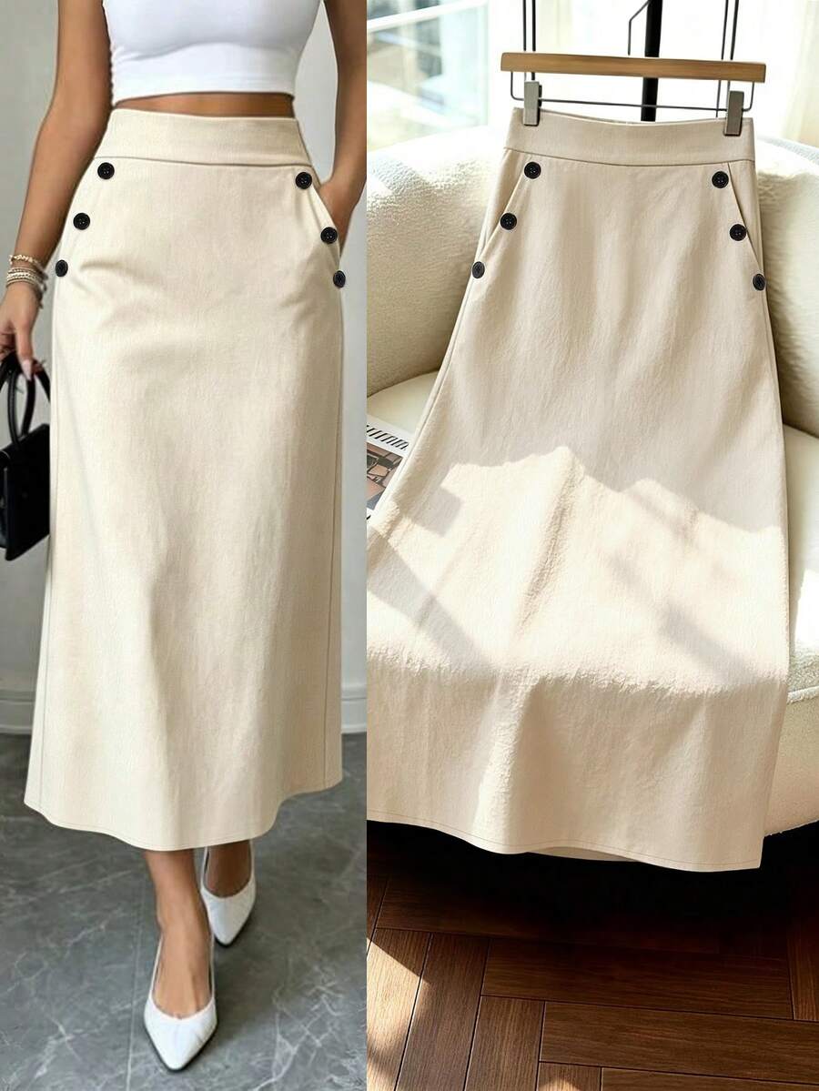 GlowEve Women's Solid Color High Waist Button Design Pocket Casual Skirt - Apricot - View 1