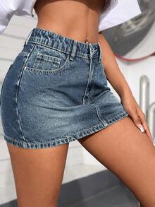 SHEIN PETITE Women's Casual Denim Mini Skirt With Pockets - Blue - View 4